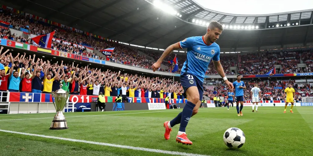 TOP10 สโมสร football match with passionate fans cheering and players in action.