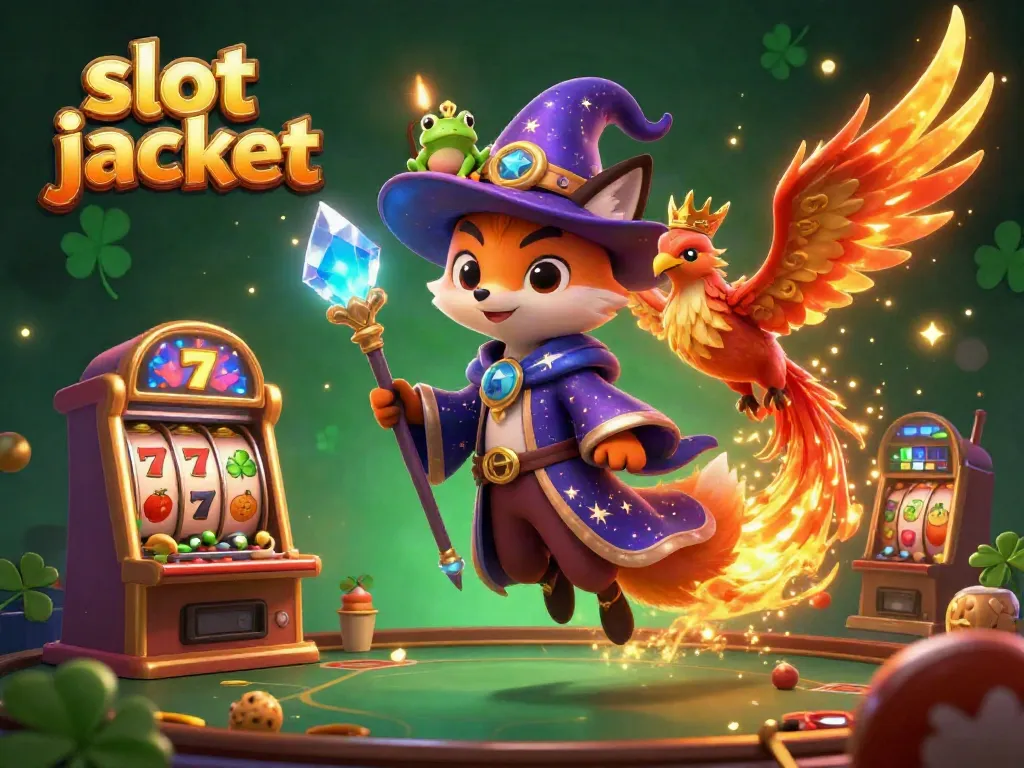 Spin to win with colorful slot jackpot reels and magical characters in a vibrant casino setting.