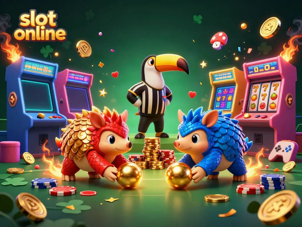 Engaging scene showcasing rival pangolins themed around slot online gaming, surrounded by colorful arcade elements.