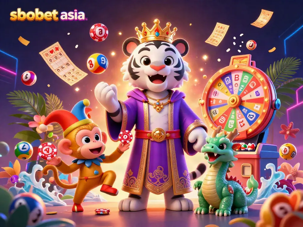 Engage with sbobet asia's casino excitement featuring a royal tiger, monkey juggler, and jade dragon in a vibrant, detailed 3D scene.