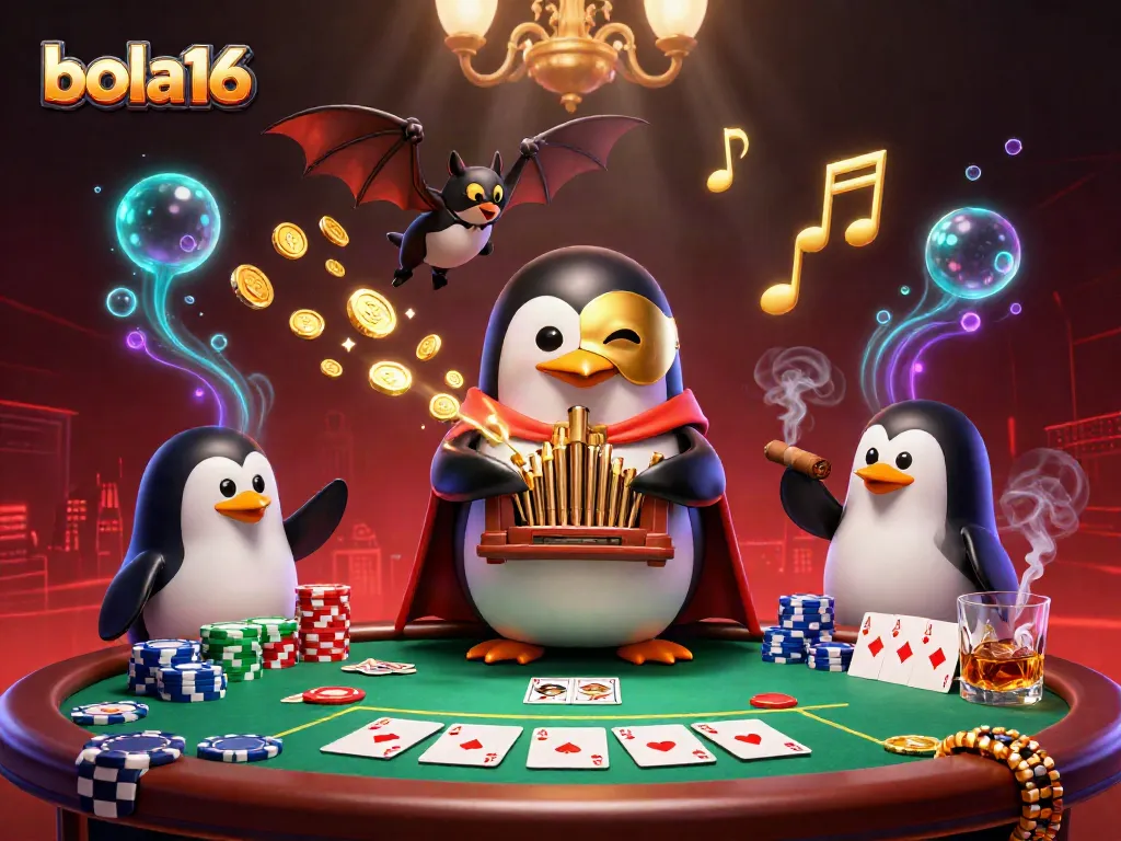 Bola16 penguin playing organ amidst poker chips and golden coins, vibrant casino scene.