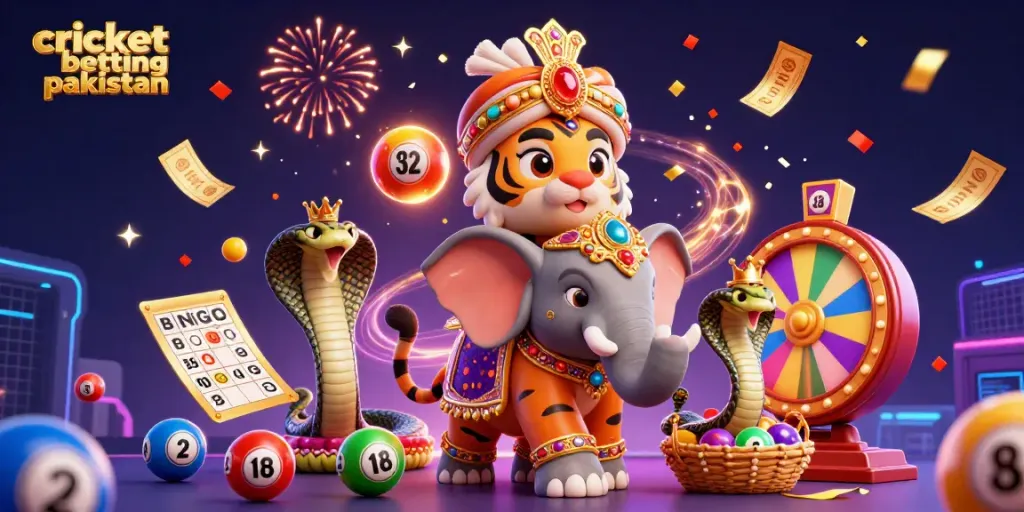 Engage in cricket betting pakistan excitement with a vibrant 3D illustration of a majestic Maharaja tiger and vibrant game elements.