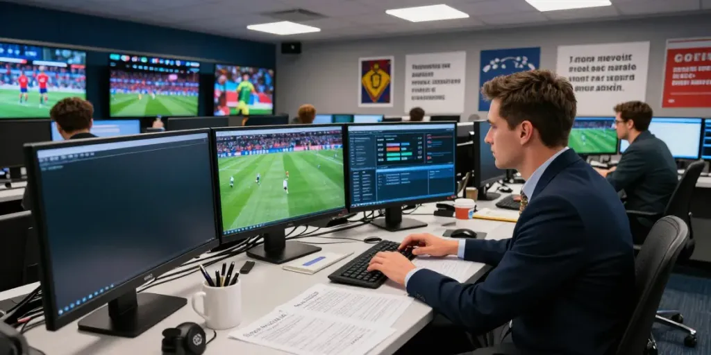 Latest football transfer news updates being compiled in a vibrant newsroom, showcasing the excitement of ข่าวกีฬาฟุตบอล.