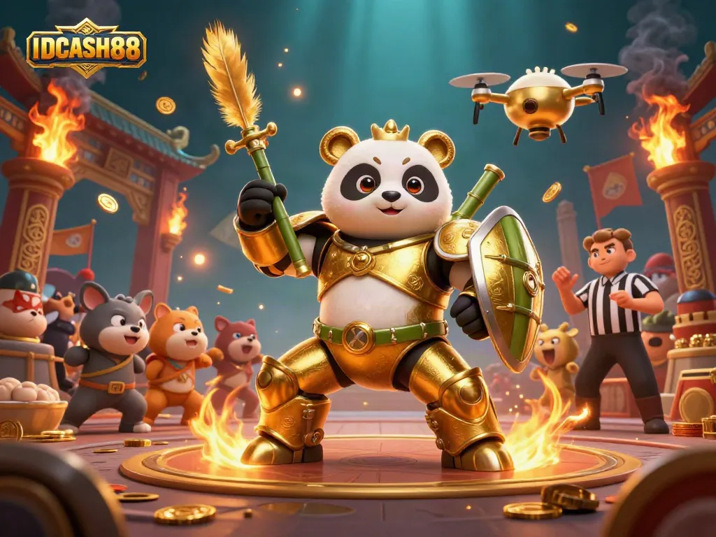 Experience thrilling gameplay at IDCASH88 with a 3D panda mech fighting in a vibrant casino arena.