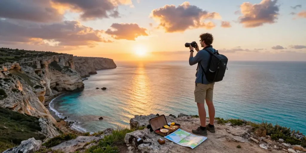 Gozo tours with a traveler photographing the stunning coastal sunset, capturing the beauty of the island.
