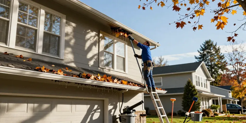 Technician performing Spokane gutter cleaning on a two-story home, showcasing tools and leaves.