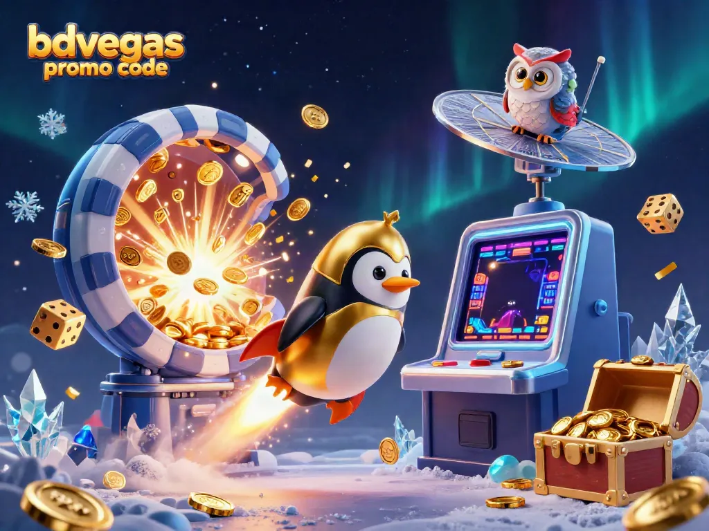 Explore exciting adventures with the bdvegas promo code, featuring a penguin and vibrant casino elements.