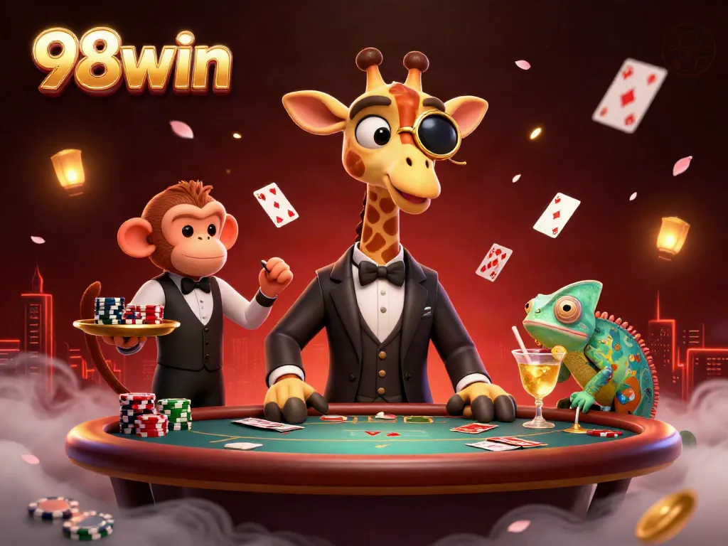 Experience the thrilling world of 98win with VIP characters enjoying a vibrant casino atmosphere.