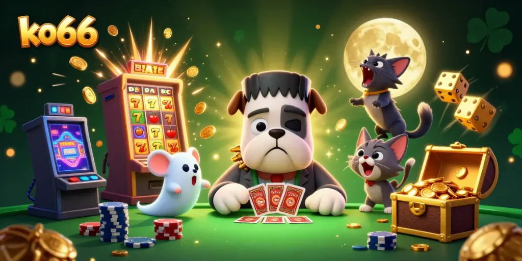 Experience thrilling gaming at ko66 with a vibrant 3D scene featuring delightful casino characters and rich game elements.