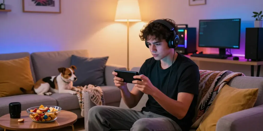 Engaged gamer playing apktodo mobile games on smartphone in cozy living room.