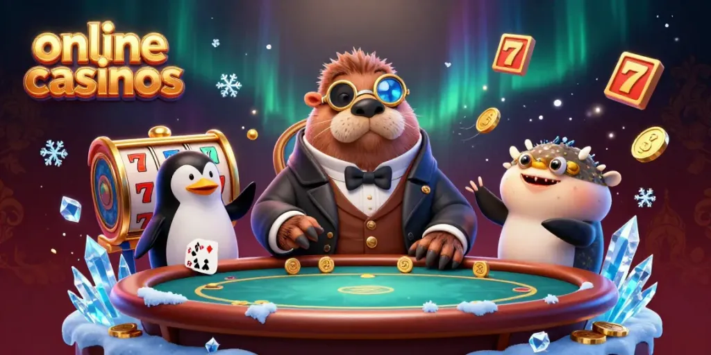 Experience vibrant online casinos with a jolly walrus, penguin dealer, and pufferfish bluffing at an underwater poker table.