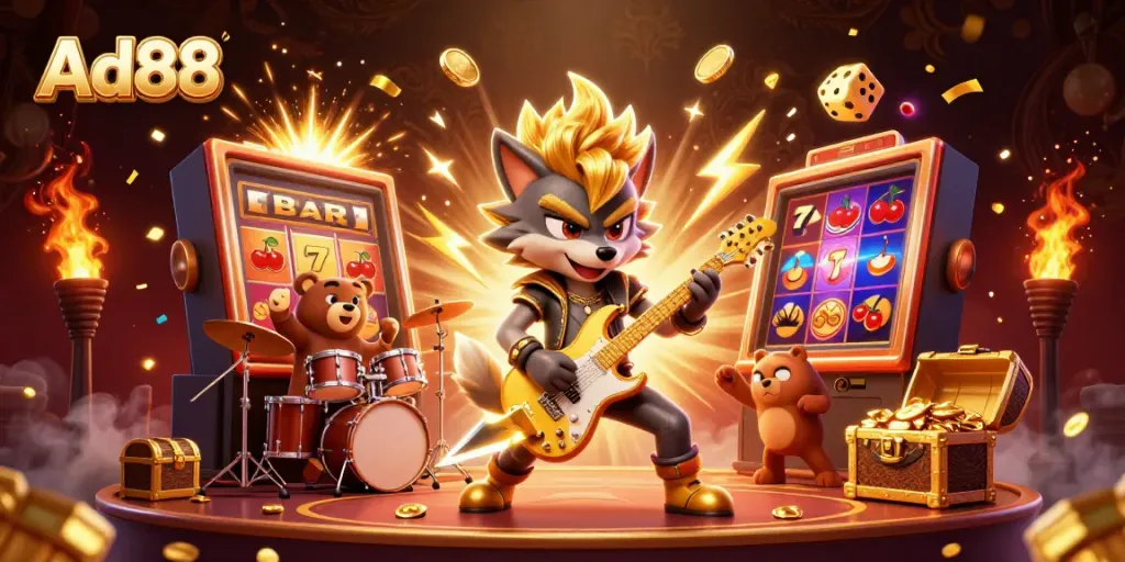 Experience dynamic gaming excitement at Ad88 with a thrilling casino scene featuring rock stars and jackpots.