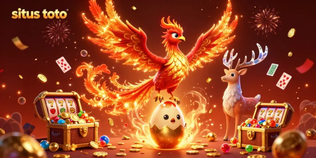 Engaging illustration of situs toto featuring a fire phoenix and golden symbols representing slot games.