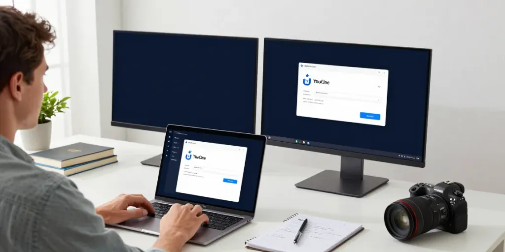 Usuário instalando o YouCine Para PC em um ambiente de trabalho moderno, utilizando um desktop e smartphone.