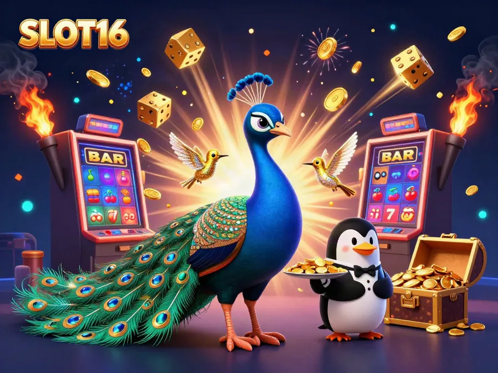 SLOT16 showcases a lively casino scene with colorful slot machines and a peacock.