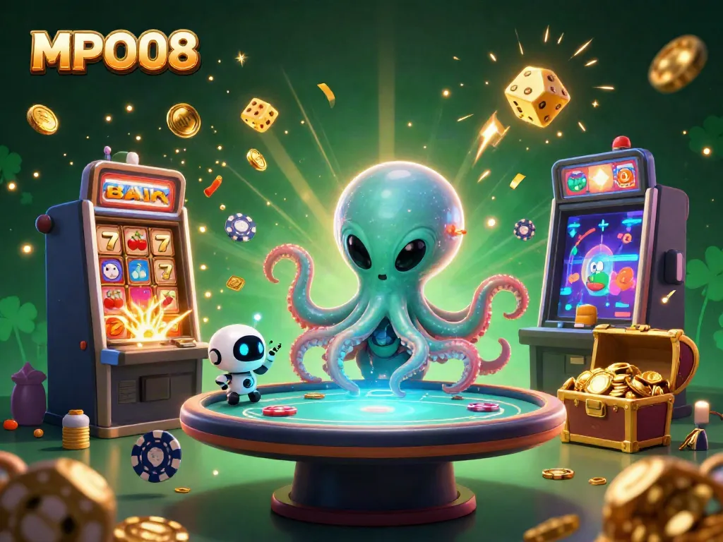 MPO08 showcases an alien octopus playing poker among dynamic casino elements like exploding slot machines and glowing dice.