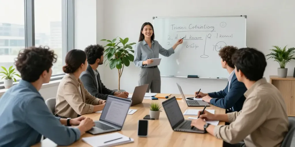 Leadership coaching Connecticut session featuring a diverse team in an engaging workshop environment.