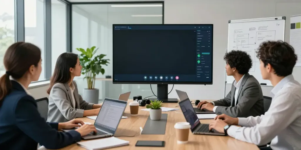 Deepfake free meetings in a professional setting with a diverse team collaborating around a table.