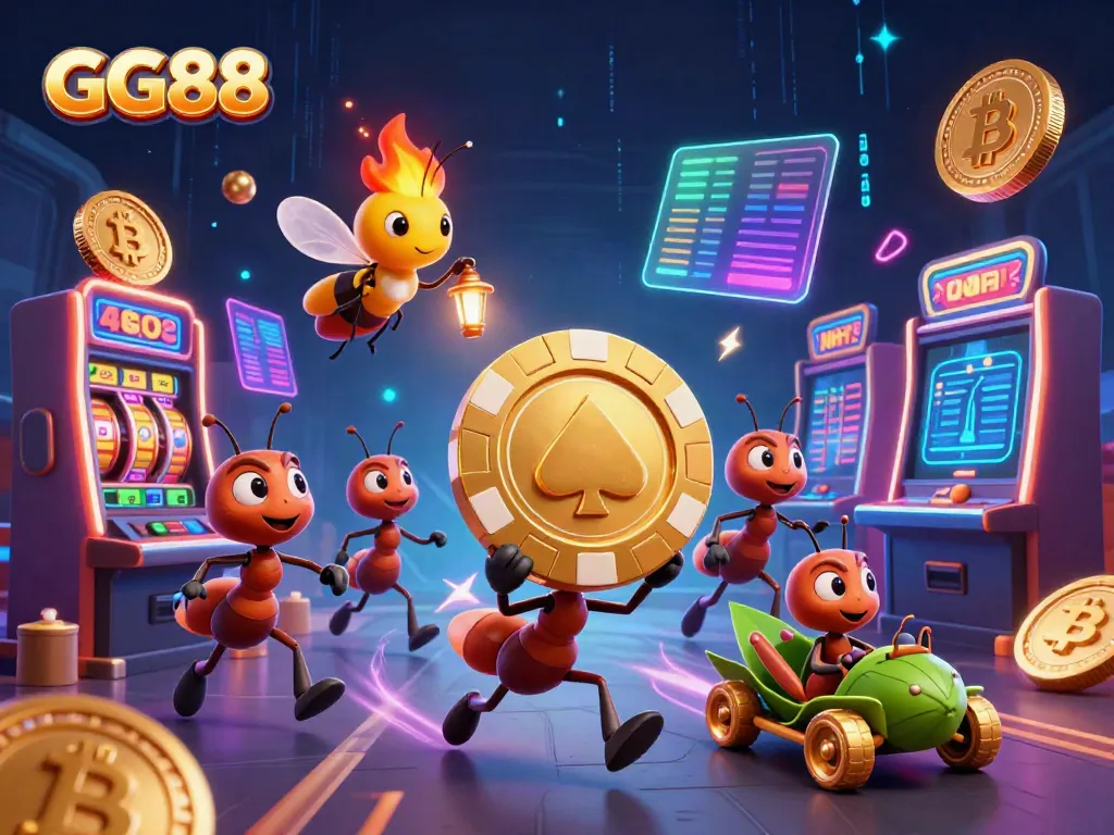 Ants in a heist carrying a giant GG88 poker chip, surrounded by neon crypto elements and slot machines.