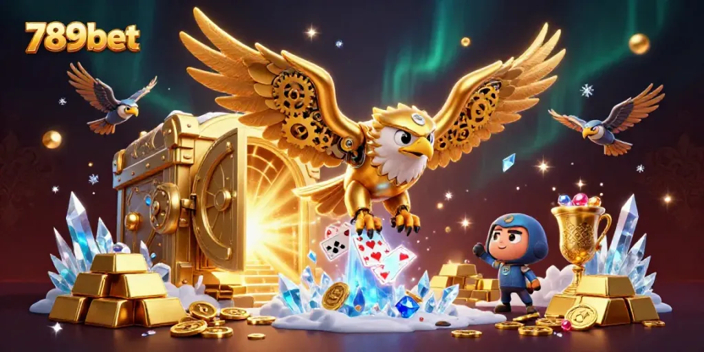 Engage in thrilling gameplay with 789bet, featuring a cybernetic eagle diving through holographic cards.