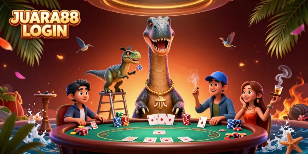 Experience dynamic JUARA88 LOGIN action with a brontosaurus overlooking a poker game scene.