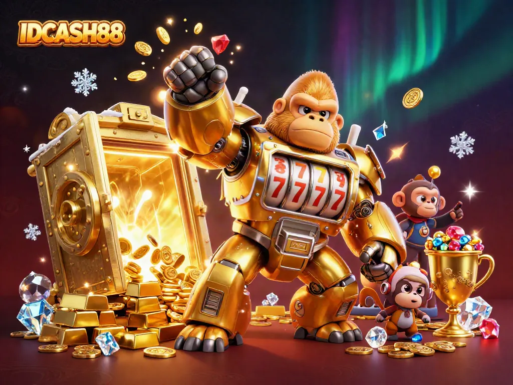 Experience the thrilling adventure of IDCASH88 with a vibrant golden gorilla mech and treasures exploding around.