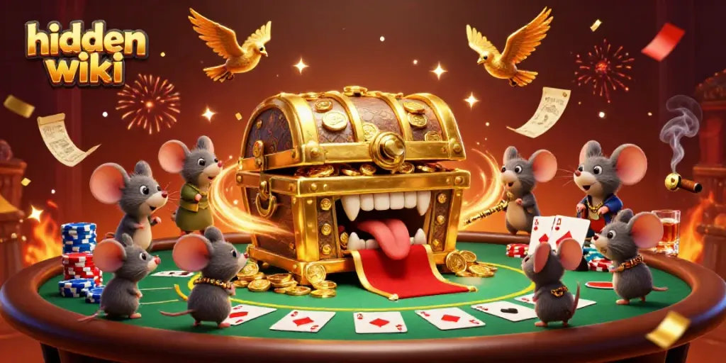 Adventurer mice attracted to the hidden wiki treasure chest at a vibrant casino scene