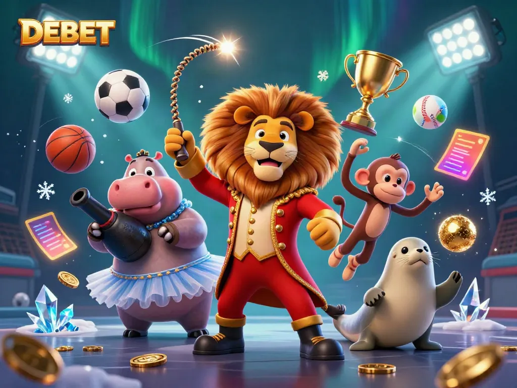 Engage with DEBET through vibrant 3D characters in a dynamic casino setting, illustrating thrilling sports betting.