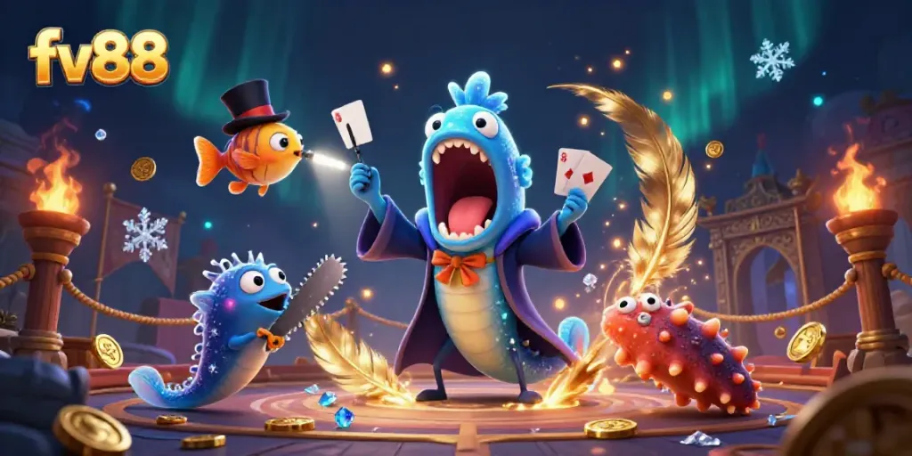 Experience thrilling card tricks at fv88 with a magician eel and anglerfish performing in an exciting casino-themed scene.