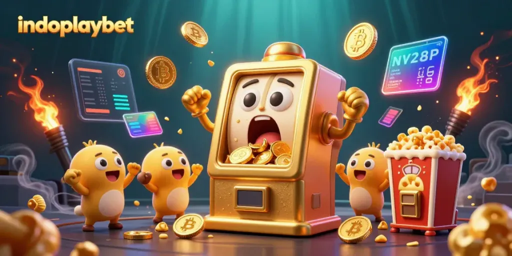 Indoplaybet hadir dengan mesin slot emas terkejut saat jackpot mengeluarkan koin dalam suasana kasino yang meriah.