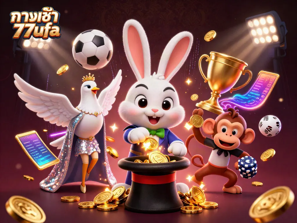 Engage with ทางเข้า 77ufa as a cartoon magician rabbit pulls golden coins, lively sports elements enhancing the scene.