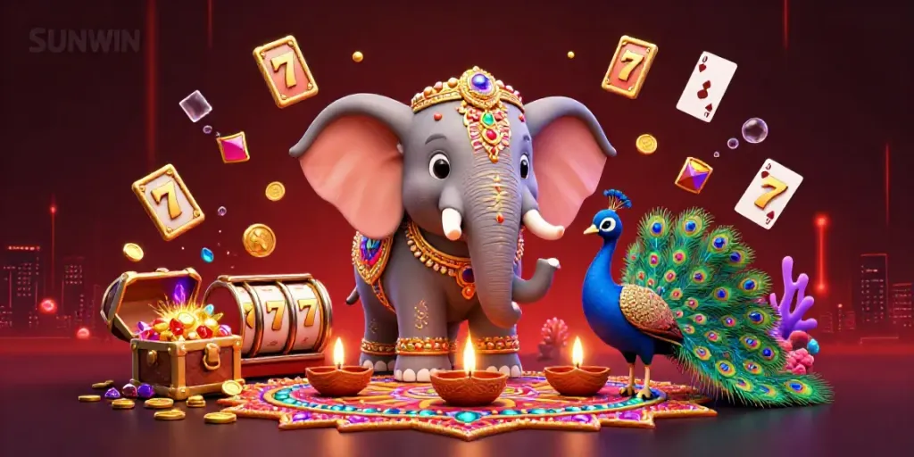 SUNWIN promotes engaging gaming experiences with dynamic slot elements and captivating characters in an immersive illustration.