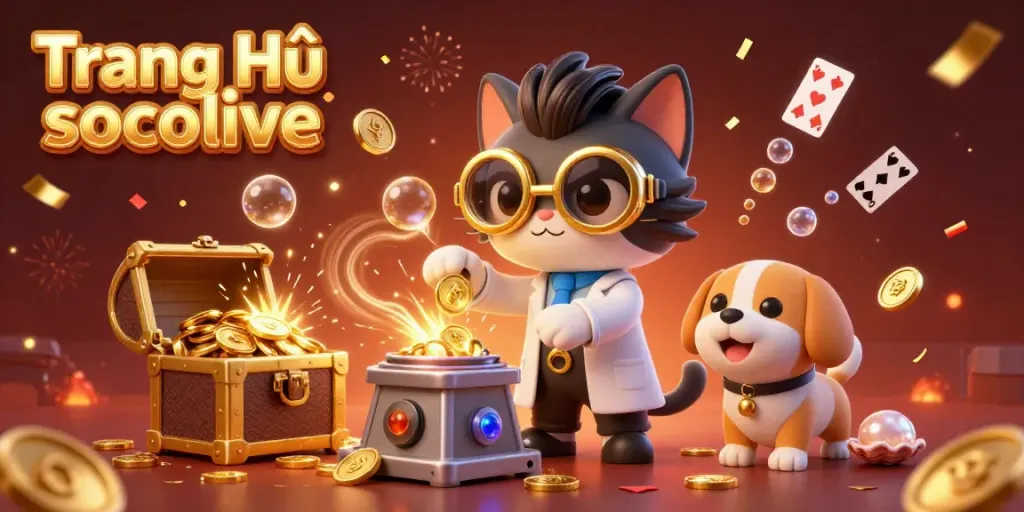 View dynamic scene of Trang Chủ socolive featuring mad scientist cat and dog creating gold coins in a rich, vibrant setting.