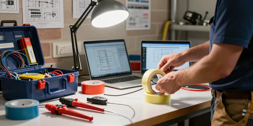 Electrician applying Super33 Daftar tape in a dynamic workshop environment, surrounded by tools and supplies.