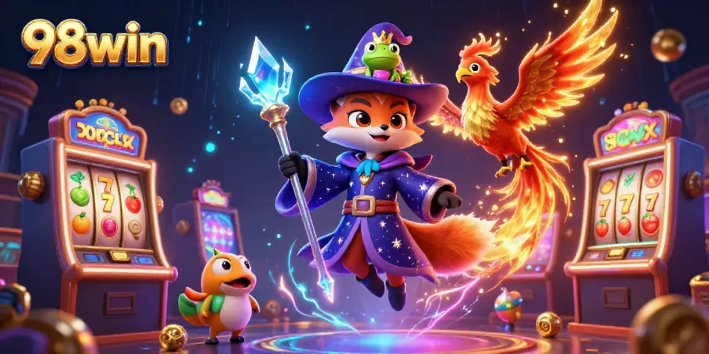 Experience the magic of 98win casino with a wizard fox, phoenix, and themed slot machines.