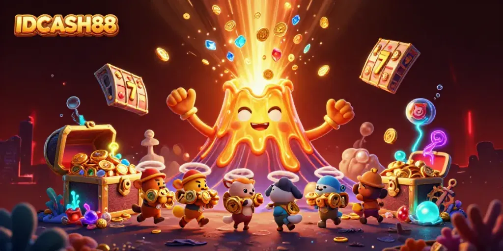 Engage with the thrilling casino adventures of IDCASH88, highlighting an energetic scene of characters amid gold and slot reels.