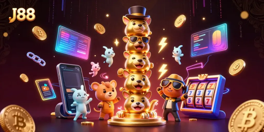 Engage with the vibrant J88 casino experience featuring animated characters and casino elements.