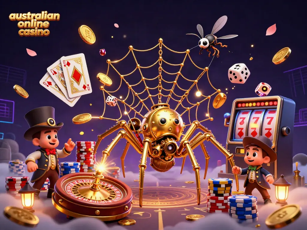 Catch thrilling moments at an australian online casino with a whimsical steampunk spider and fly gentleman