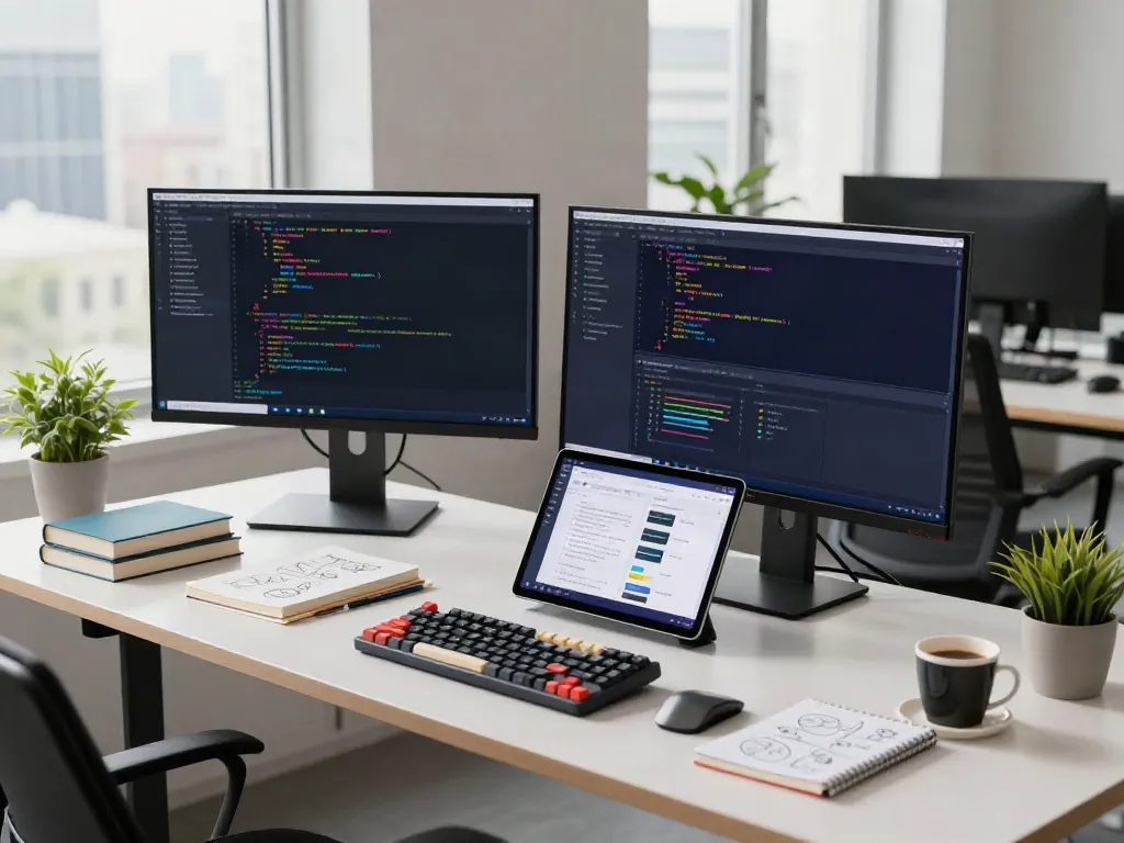 Brave浏览器 in a productive developer workspace showcasing coding on dual monitors.