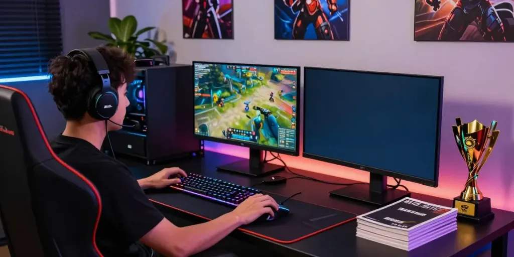 Gamer menggunakan link alternatif oyo288 di setup gaming modern, lengkap dengan monitor, headset, dan lampu RGB.