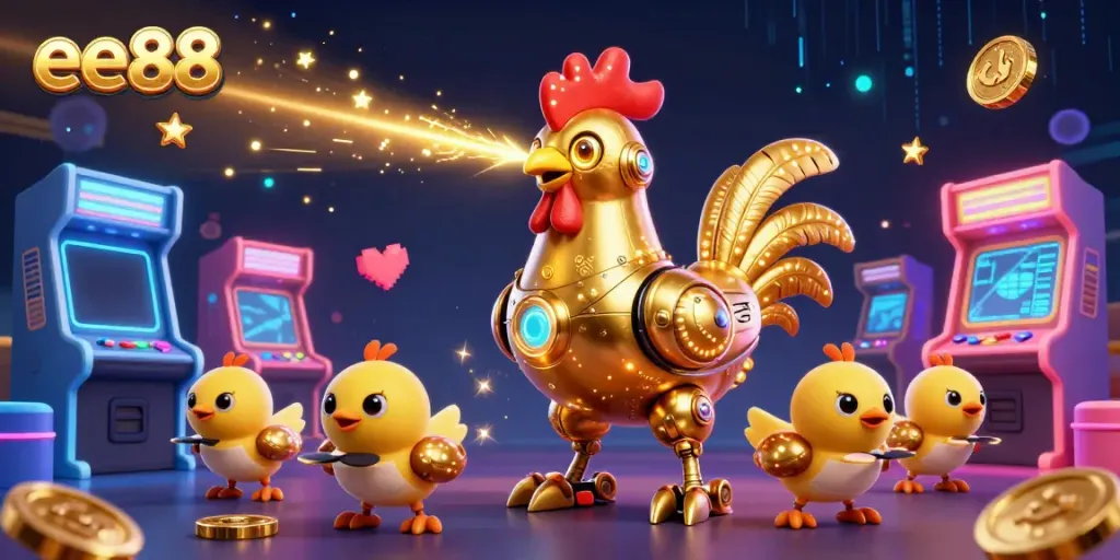 Experience the vibrant energy of ee88 with a golden rooster robot in this dynamic casino scene.