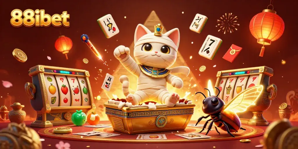 88ibet showcases a dynamic 3D casino scene with an Egyptian mummy cat and gambling symbols for winning bets.