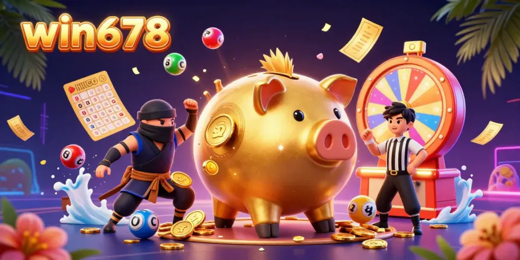 Experience fun and excitement at win678 while winning golden coins and viewing colorful lottery balls in a thrilling gaming scene.