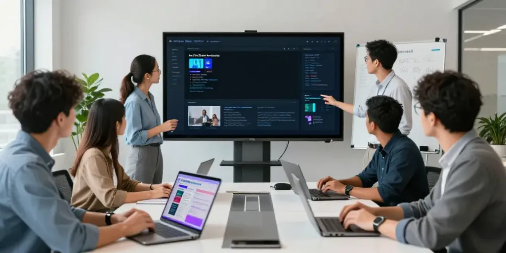 Team collaborating on AI news article generator from RSS in a modern office setting.