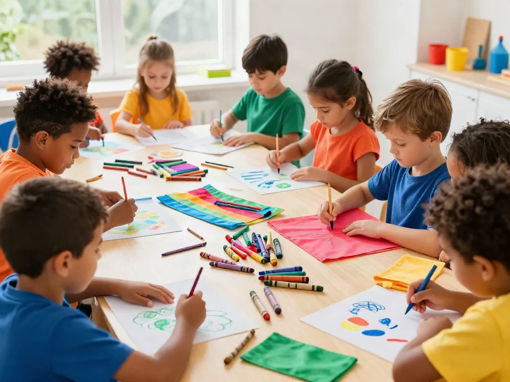 Colorful crayon manufacturer workspace with children creating art