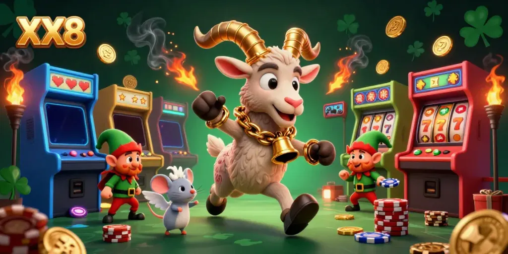 Players enjoy thrilling action at XX8 casino with colorful arcade games and lively characters.