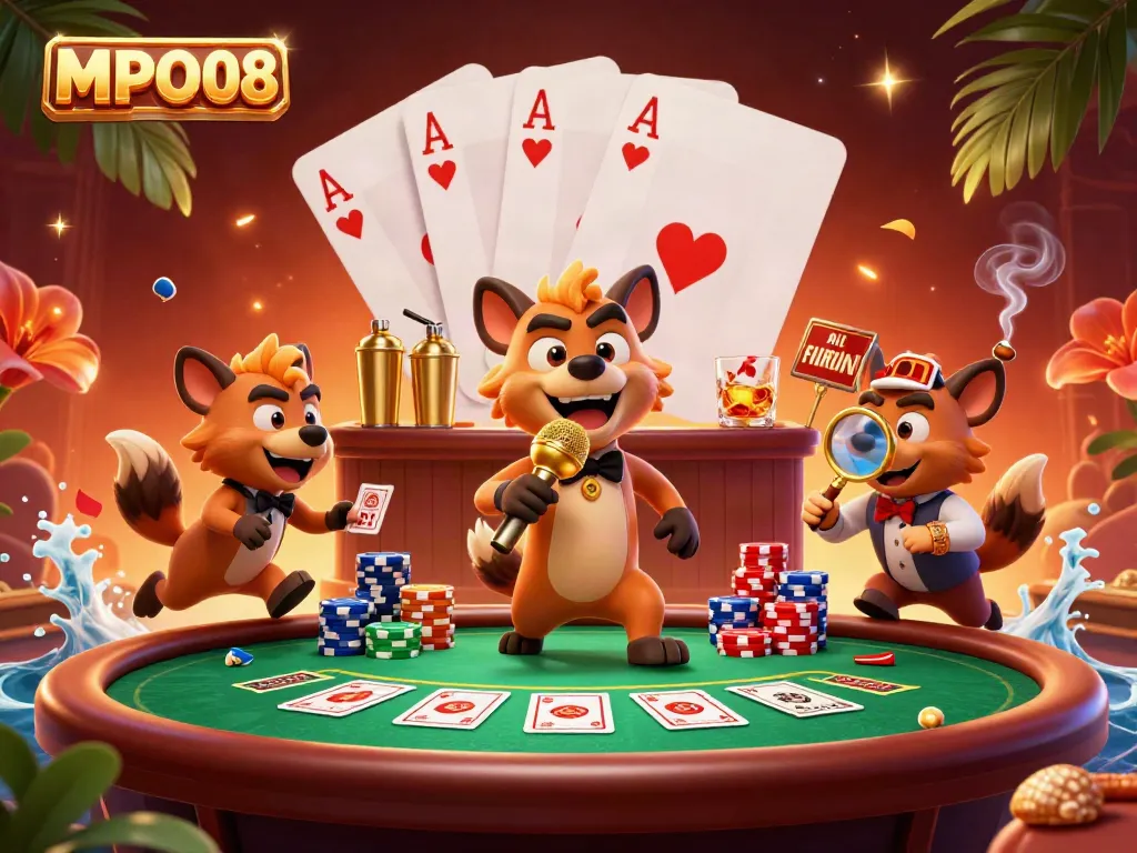 Experience the vibrant MPO08 casino adventure featuring hyenas in a fun-filled 3D illustration.