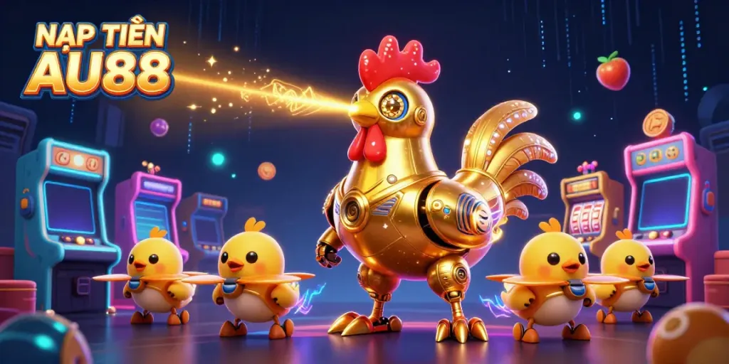 NẠP TIỀN AU88 illustrates engaging gameplay with a golden rooster robot and arcade machines.