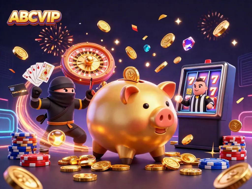 Engage with ABCVIP's thrilling casino atmosphere featuring a dynamic scene with characters celebrating a gaming victory.
