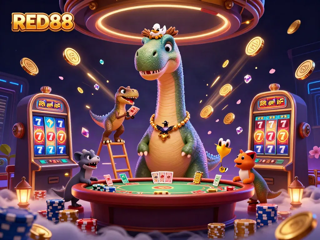 Experience the excitement of RED88 with a tall dinosaur and dynamic casino elements